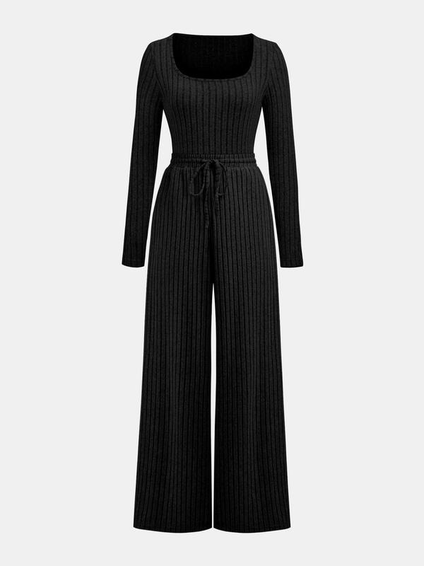 YOZY Christmas Deals, [3 Colors, Size 4-14] Ribbed Square Neck Bodysuit & Drawstring Waist Pants Set  Long Sleeve Bodysuit & Elastic Waist Wide Leg Trousers Set, 2024 Women's Fall & Winter Clothes, [S-XXL], Christmas 2024 Trend, Fall & Winter Outfits