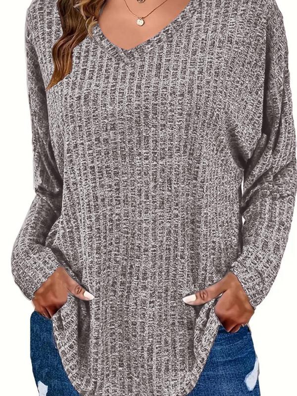 Plus Plain Textured Drop Shoulder V Neck Knit Top, Casual Long Sleeve Ribbed Top for Fall & Winter, Sweaters for Women, Women's Plus Clothing for Daily Wear