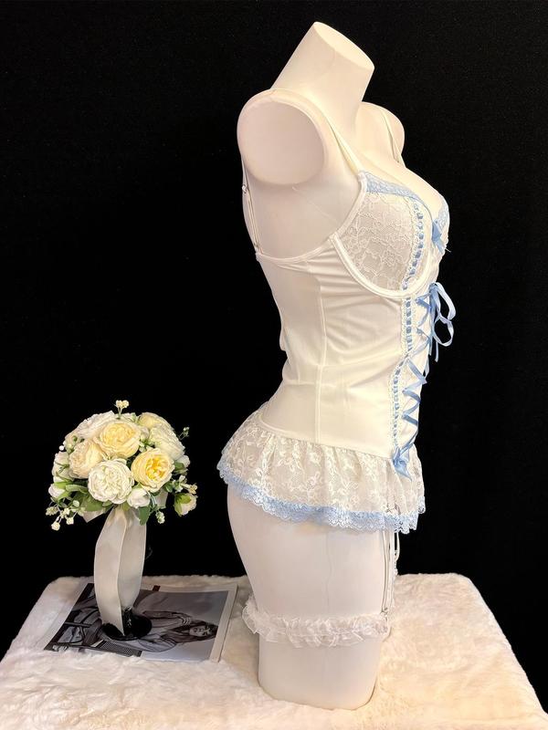 Women's Contrast Lace Bow Decor Lingerie Two-piece Set, Sheer Lace Up Backless Cami Nightdress & Thong Set, Women's Lingerie & Underwear for All Seasons