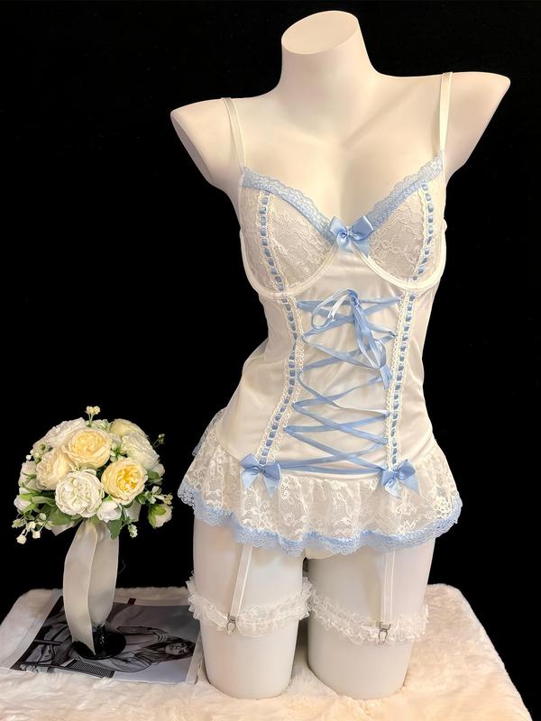 Women's Contrast Lace Bow Decor Lingerie Two-piece Set, Sheer Lace Up Backless Cami Nightdress & Thong Set, Women's Lingerie & Underwear for All Seasons