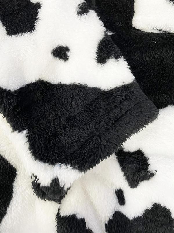 Women's Cow Print Button Front Plush Coat, Casual Drop Shoulder Collared Fuzzy Outerwear for Fall & Winter, Women's Clothing for Daily Wear