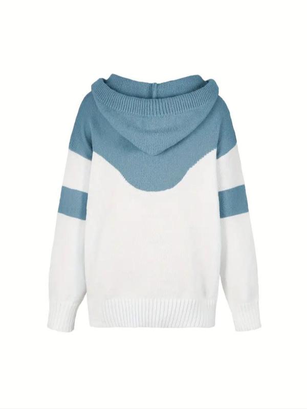 Women's Colorblock Print Drawstring Pocket Hooded Sweater, Casual Drop Shoulder Long Sleeve Jumper for Fall & Winter, Women's Knitwear for Daily Wear