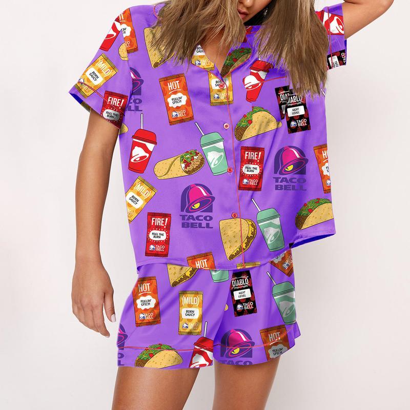 Taco Bell Pajama Set For Women Print Comfy Satin Sleepwear & Loungewear Pjs Short Sleeve Top & Bottoms Shorts Without Pockets SHESHOW -