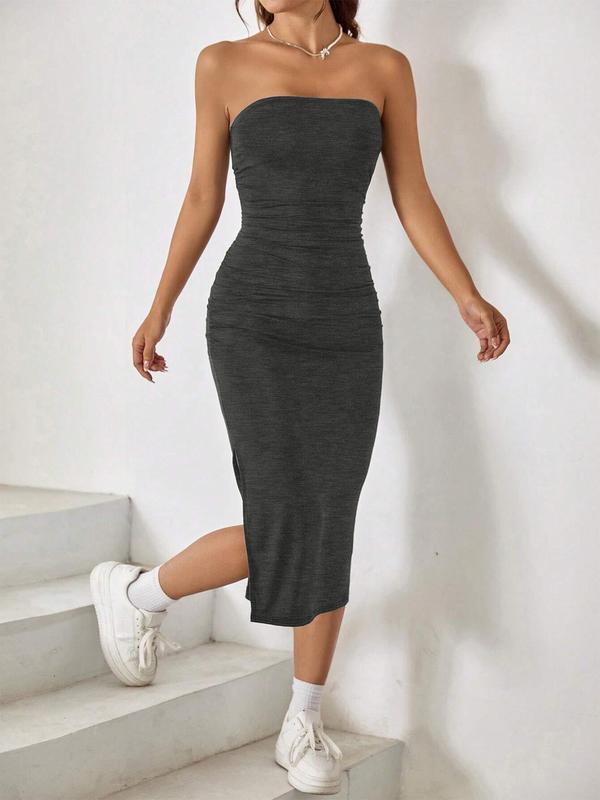 Women's Solid Ruched Split Hem Tube Dress, Dresses for Women, Summer Dresses 2024, Fashion Strapless Bodycon Midi Dress, Ladies Summer Clothes for Holiday Dating Daily Wear, Night Out Outfits, Womenswear