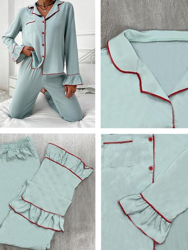 Women's Solid Color Lapel Collar Ruffle Pajama Set, 2024 New Style Long Sleeve Top & Wide Leg Pants Pj Set, Casual Comfy Pyjama Set for Women