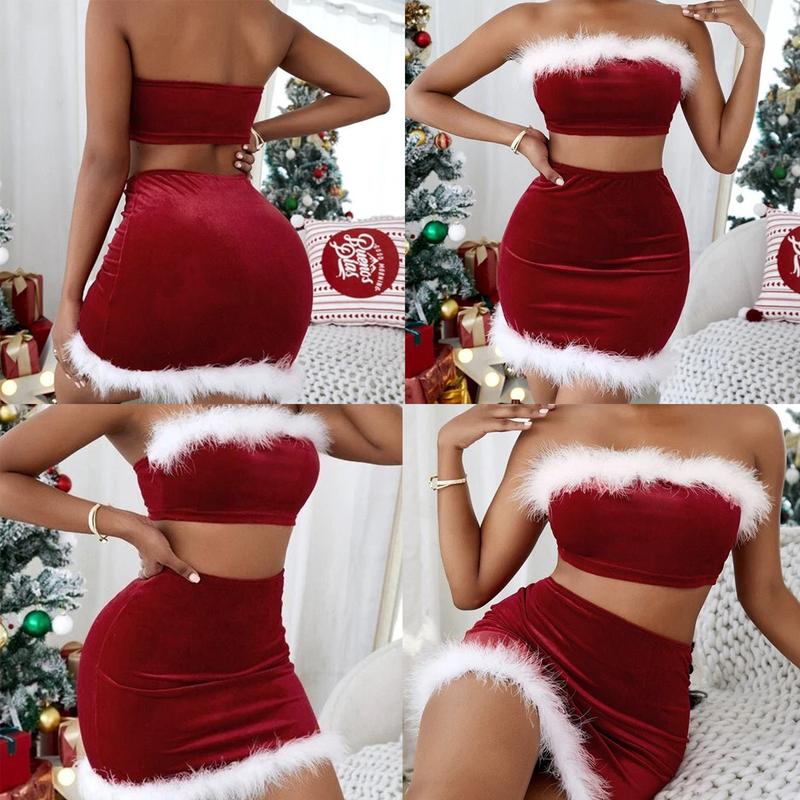 Women's Christmas Lingerie Uniform Velvet Santa Claus Fur Trim Crop Tube Tops + Bodycon Mini Skirt Xmas Cosplay Costume Set