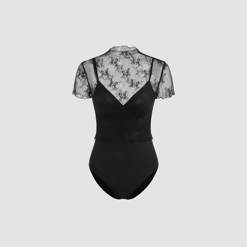 Cider [size 2-26] V-neck Solid Bodysuit With Stand Collar Lace See-through Top