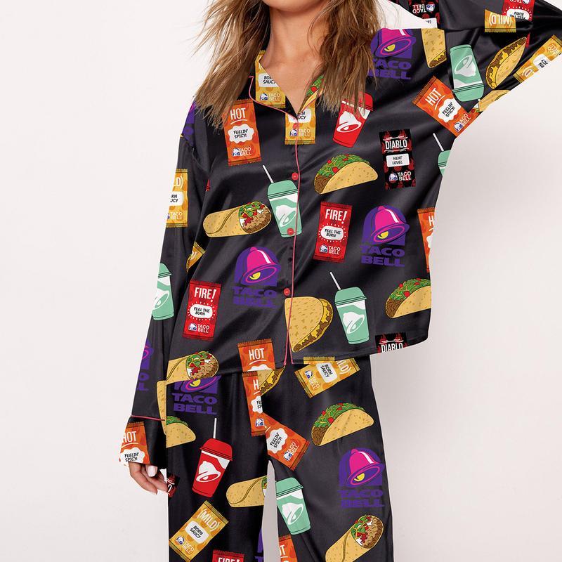 Taco Bell Pajama Set For Women Print Comfy Satin Sleepwear & Loungewear Pjs Short Sleeve Top & Bottoms Shorts Without Pockets SHESHOW -