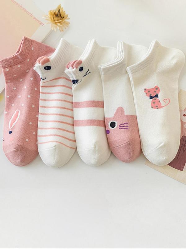 Women's Cartoon Cat Print Ankle Socks, Cute Comfy Breathable Low Cut Socks for Daily Wear, Women's Socks for Fall & Winter