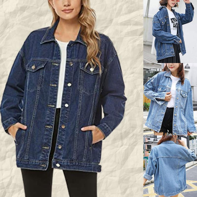 SCUSTY Womens Loose Oversized Denim Jacket Long Sleeved Button Jean Jacket Coat Tops