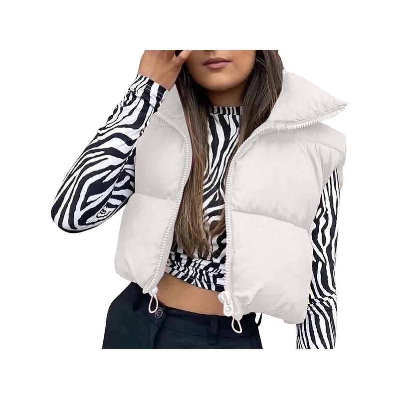 Womens Zipper Waistcoat Gilet Stand Collar Sleeveless Cropped Top Puffer Quilted Lightweight Vest Winter Warm Jacket Coat