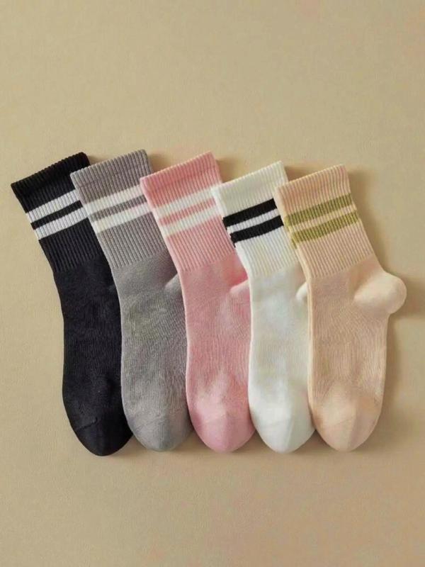 Women's 5 Pairs Striped Print Ankle Socks, Casual Comfortable Mid-calf Socks for Daily Wear, Breathable Multipack Knit Socks for Fall & Winter