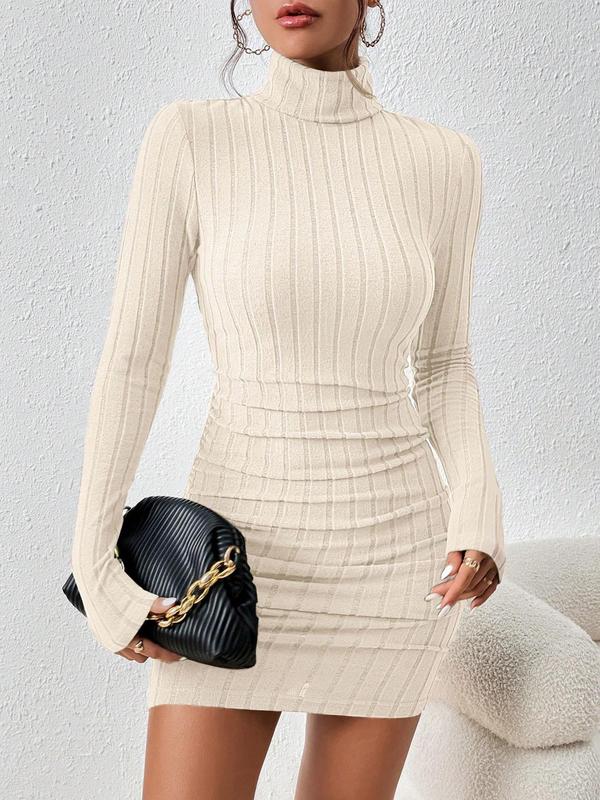 Women's Textured Long Sleeve Bodycon Dress, Solid Color Turtle Neck Short Dress for Spring & Fall, Women's Clothing for Daily Wear