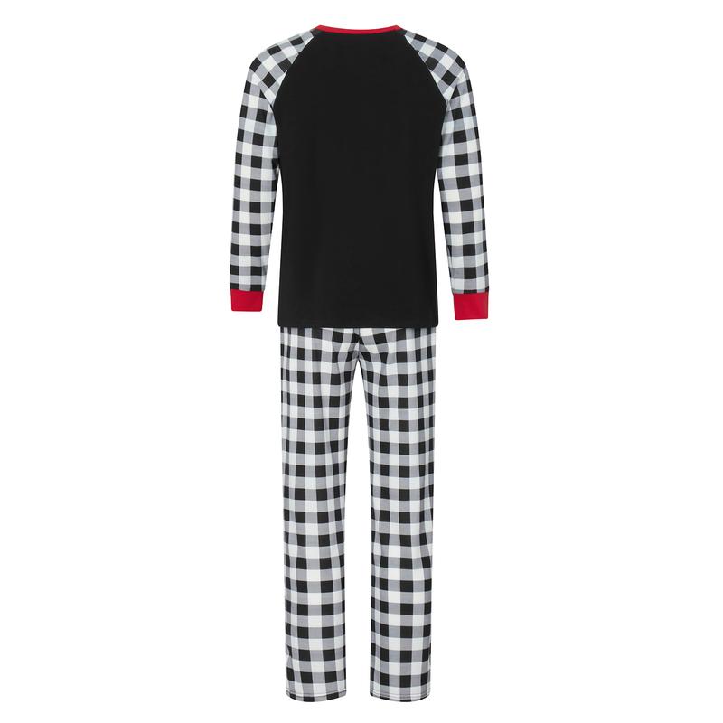 Family Matching Christmas Pajamas, Letter &Santa Hat Print Long-Sleeved Round Neck Tops + Plaid Pattern Trousers Sleepwear