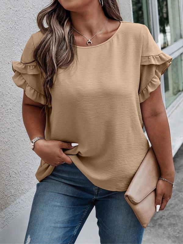 Plus Size Women's Solid Color Minimalist Basic Ruffle Trim Petal Sleeve Crewneck Blouse, Comfort Casual Shortsleeve Round Neck Peplum Top for Lady, Summer Tops 2024