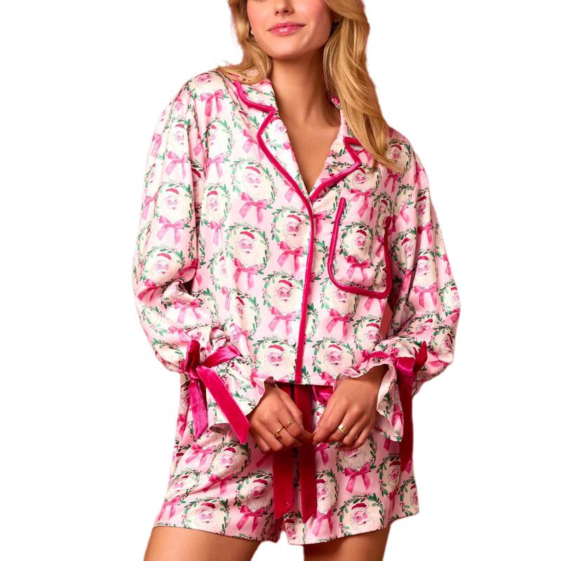 Women Two Piece Christmas Pajamas Set Bow Tie Long Sleeve Button Shirt Ruffle Shorts Colorful Print Pjs Sets Sleepwear