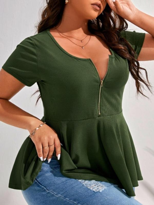  Solid Peplum Zipper Square Neck Summer Tees, T Shirts for Women, Casual Short Sleeve T-shirt for Summer, Back To School Outfits, Women's Plus Clothing for Daily Wear