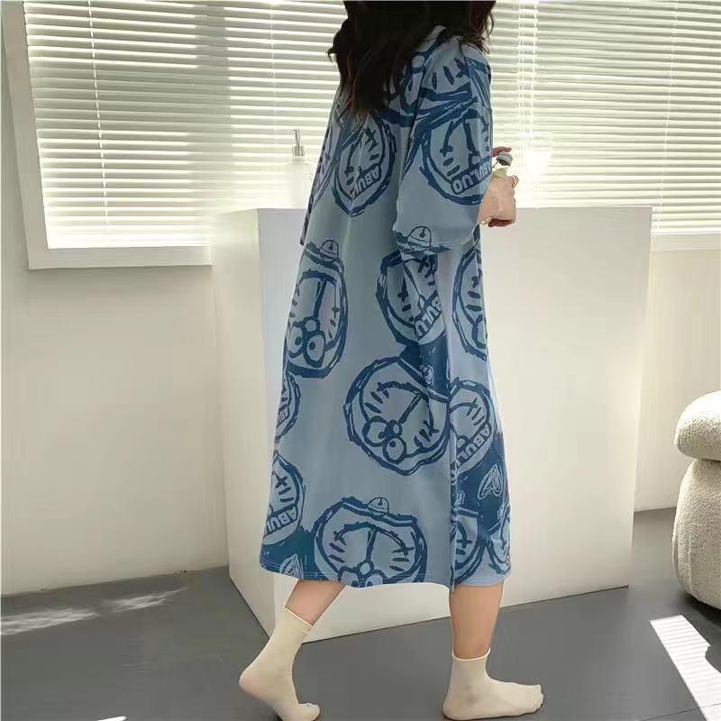 Nightdress Women's Summer Korean-Style Spring and Autumn Student Short-Sleeved Home Wear Cute Cartoon Loose Pregnant Women's Pajamas Women's Summer