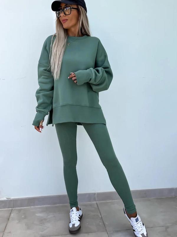 Two-Piece Set Women's Solid Drop Shoulder Split Hem Sweatshirt & Skinny Pants, Casual Fashion Cozy Round Neck Long Sleeve Pullover & High Waist Trousers for Daily Outdoor Wear, Women's Clothing for Fall & Winter