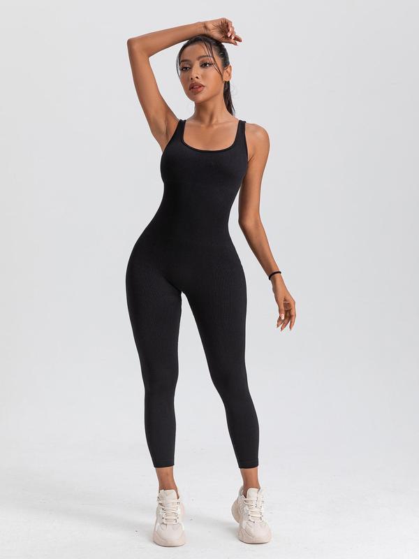 Women's Solid Backless Scoop Neck Ribbed Tank Jumpsuit, Casual Comfy Sleeveless Jumpsuit for Yoga Gym Workout, Jumpsuit for Women, Ladies Clothes for All Seasons