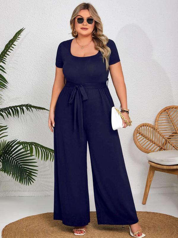  Plus Size Solid Wide Leg Jumpsuit, Elegant Square Neck Belted Jumpsuit for Daily Outdoor Wear, Women Plus Clothing for All Seasons