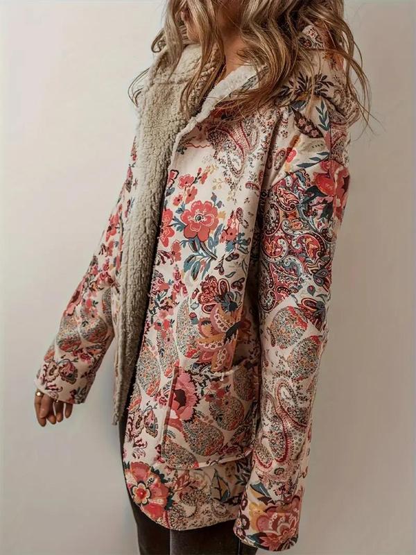 Women's Floral Print Pocket Hooded Fleece Jacket, Casual Long Sleeve Outerwear for Fall & Winter, Ladies Clothes for Daily Wear, Winter Clothes Women, Coats for Women