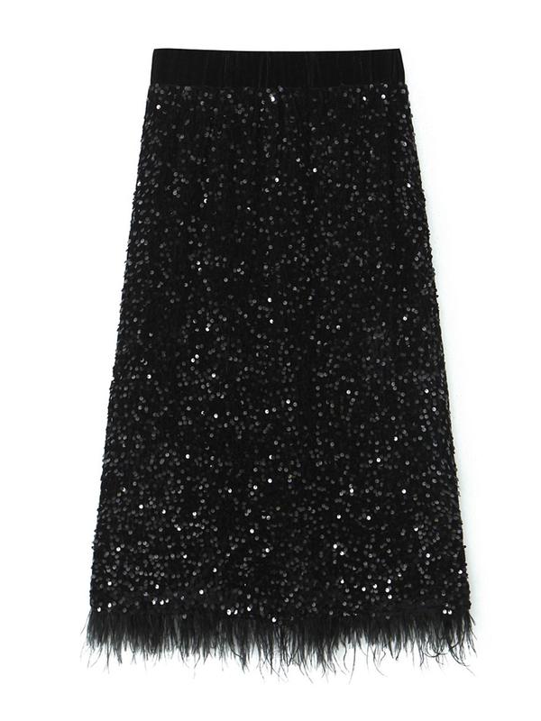 Women's Glitter Sequins Feather Fringe Trim Bodycon Skirt, Elegant High Waist Midi Skirt for Party Club Dating, Ladies' Skirts for All Seasons