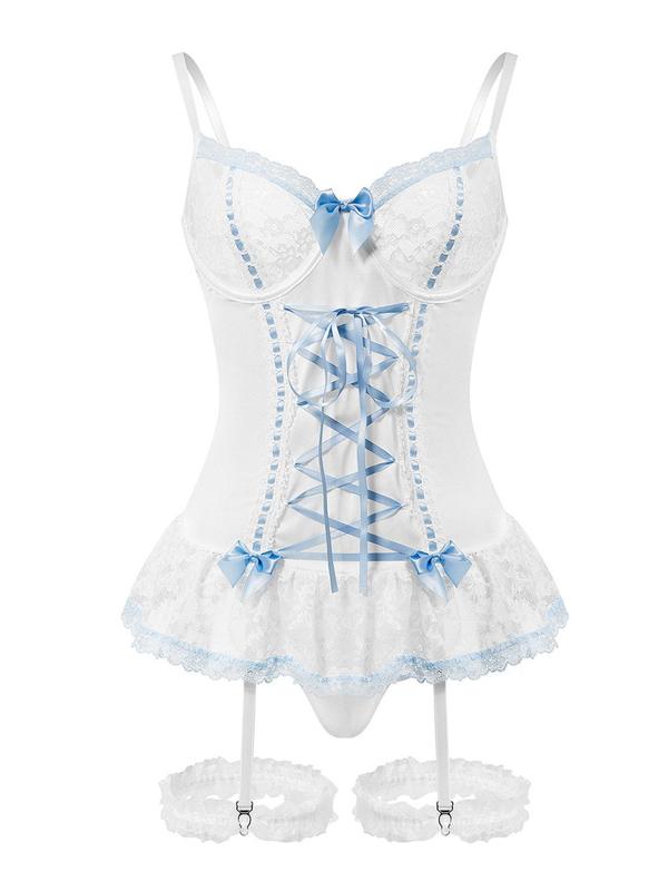 Women's Contrast Lace Bow Decor Lingerie Two-piece Set, Sheer Lace Up Backless Cami Nightdress & Thong Set, Women's Lingerie & Underwear for All Seasons