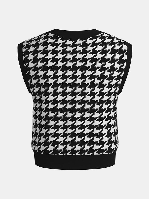 YOZY Women's Houndstooth Print Button Front V Neck Sweater Vest, Casual Sleeveless Knit Top for Daily Wear, Ladies Knitwear for All Seasons