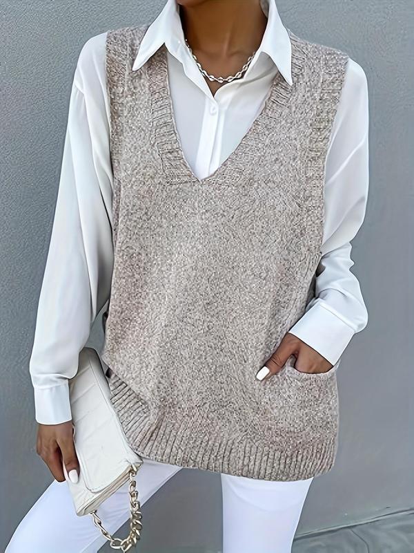 Women's Solid Pocket V Neck Sweater Vest, Casual Sleeveless Jumper Vest for Fall & Winter, Fashion Ladies' Knitwear for Daily Wear