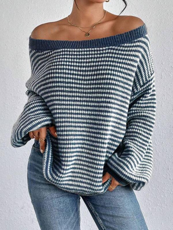 Women's Striped Print Drop Shoulder Boat Neck Sweater, Casual Long Sleeve Jumper for Spring & Fall, Fashion Women's Knitwear for Daily Wear