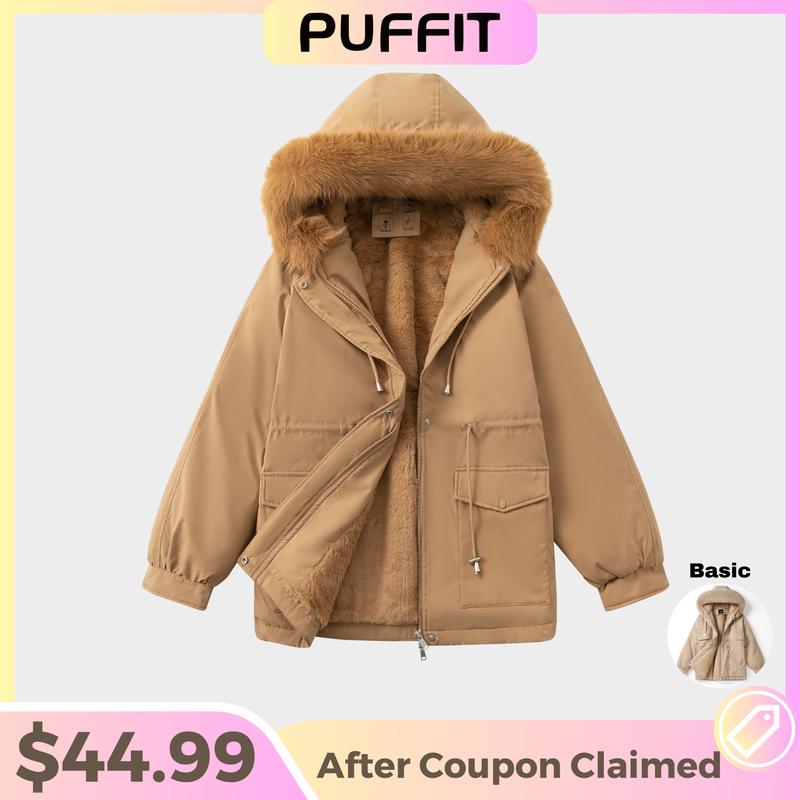 PUFFIT Faux Fur Mid-Length Hooded Drawstring Parka, Winter Warm Thickened Ladies Puffer Jackets, Fleece Lined Winter Coat for Women Go.G.G