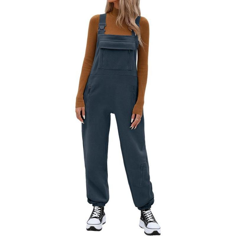 Women's Solid Zipper Pocket Polar Fleece Overall Jumpsuit, Casual Sleeveless Jumpsuit for Fall & Winter, Women's Jumpsuit for Daily Wear Womenswear Comfort Basic Minimalist Strap Strappy