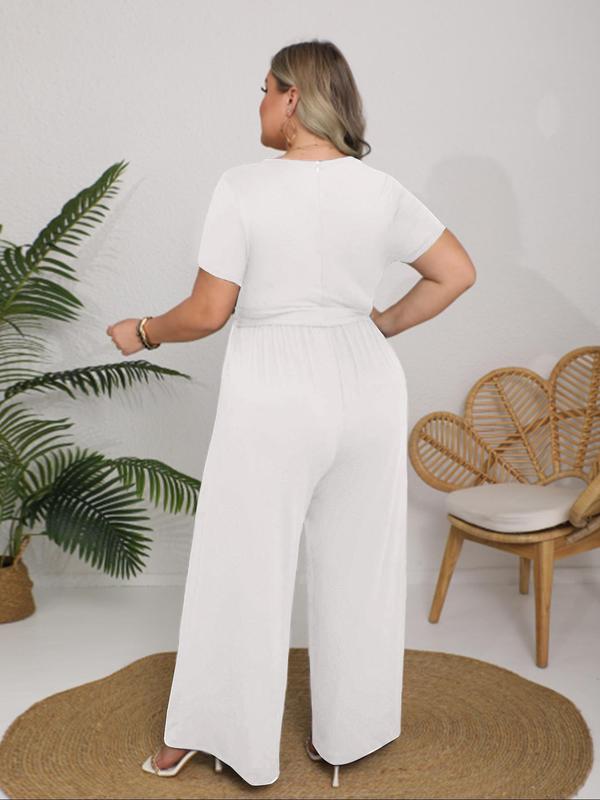  Plus Size Solid Wide Leg Jumpsuit, Elegant Square Neck Belted Jumpsuit for Daily Outdoor Wear, Women Plus Clothing for All Seasons