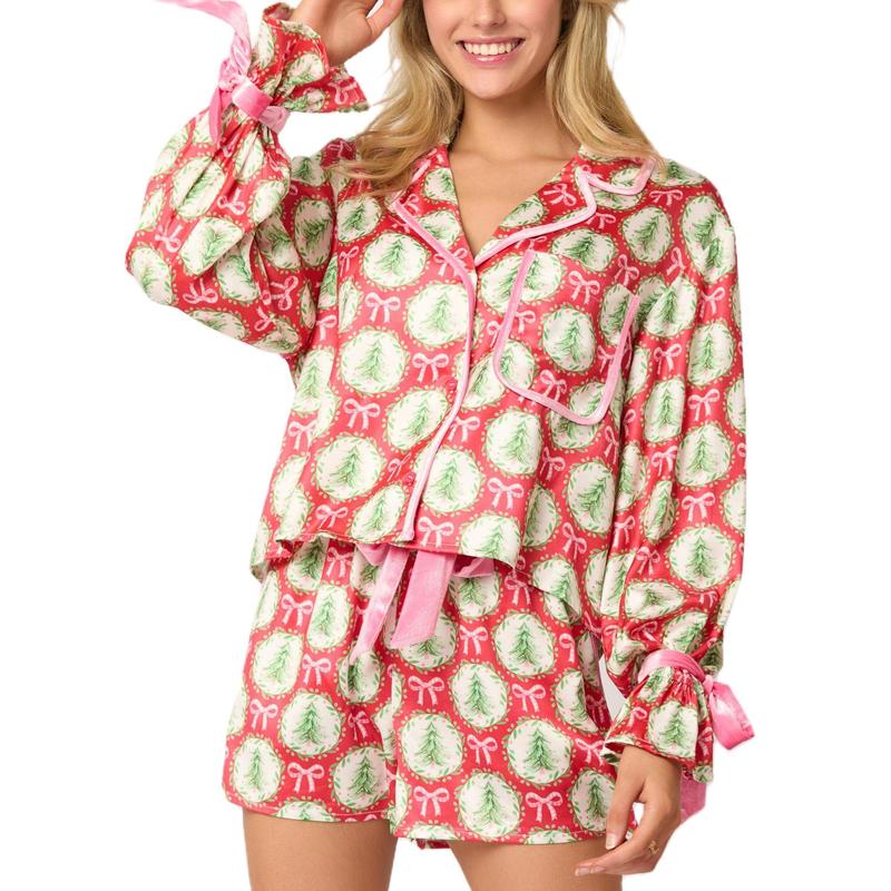 Women Two Piece Christmas Pajamas Set Bow Tie Long Sleeve Button Shirt Ruffle Shorts Colorful Print Pjs Sets Sleepwear