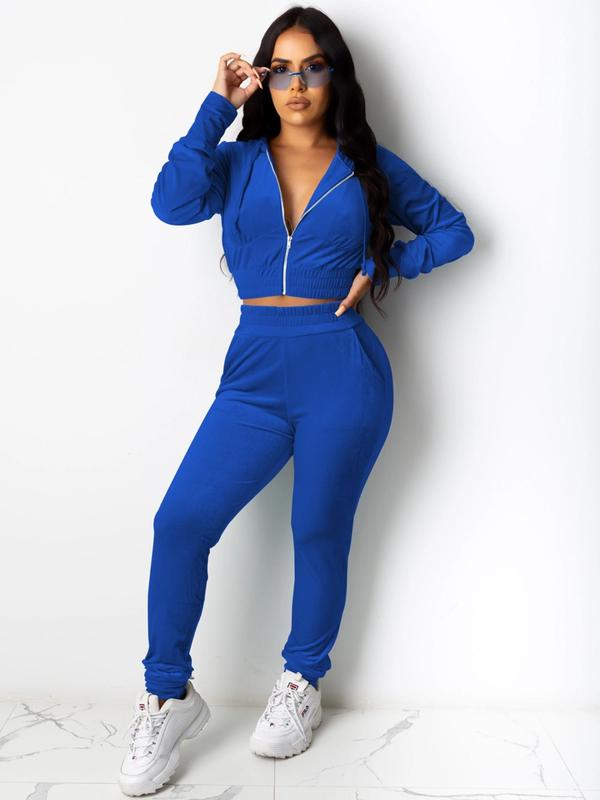 Women's Solid Velvet Pants Set, Fashion Zip Up Hooded Crop Jacket & Elastic Waist Pants, Fall Sets, Casual Spring & Fall Outfits Clothes Set, Sweatsuit Set Outfit, Two Piece Set Outfits