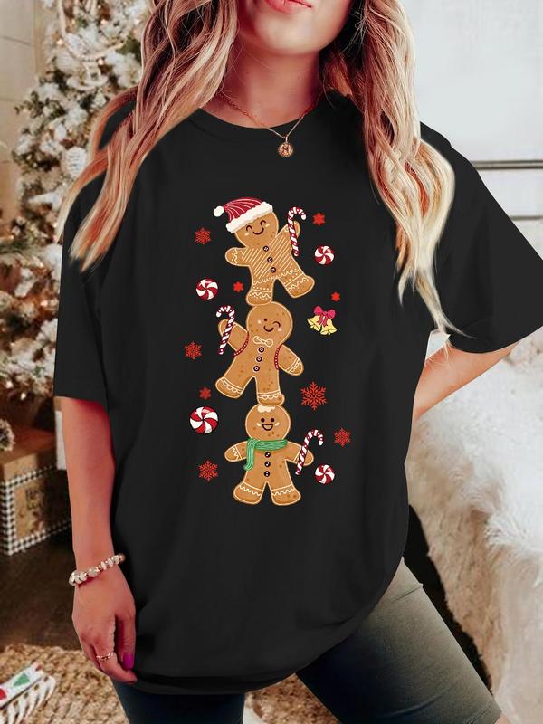 Women's Christmas Gingerbread Man Print Round Neck Tee, Casual Short Sleeve Drop Shoulder T-shirt for All Seasons, Fashion Women's Top for Daily Wear