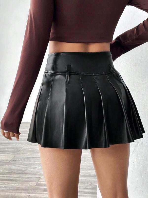 Women's Solid Color Pleated PU Leather Skirt, Fashionable A-Line Short Skirt for Daily Outdoor Wear, Women's Bottoms for Fall & Winter