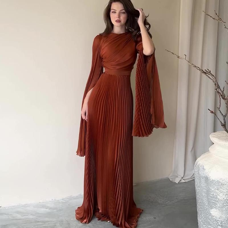 2024 Autumn New Europe and America Cross Border Cross-Border Solid Color Waist Fairy Style Elegant Long Evening Dress for Women Formal Womenswear