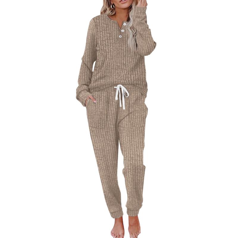 Two Piece Womens Pajama Sets Button Down Shirts and Drawstring Pants with Pockets Solid Lounge Sets for Women