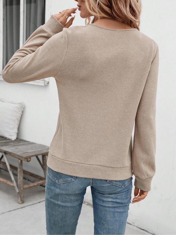 Women's Solid V Neck Long Sleeve Sweater, Casual Elegant Sleeveless Jumper for Spring & Fall, Fashion Women's Knit Clothing for Daily Wear