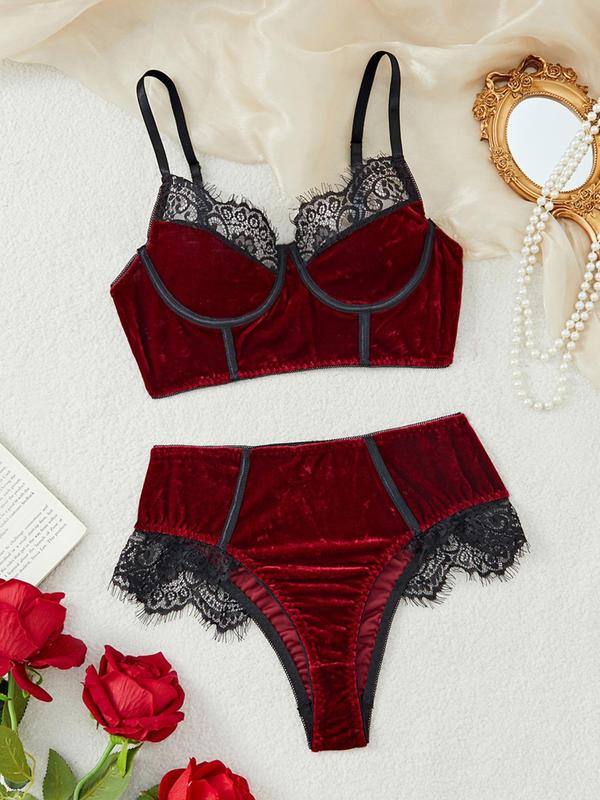 Two-Piece Set Women's Plain Contrast Lace Scallop Trim Teddy Lingerie Set, Romantic Comfy Bra & Cut Out Knicker Lingerie Set, Soft Breathable Underwear Set for Women