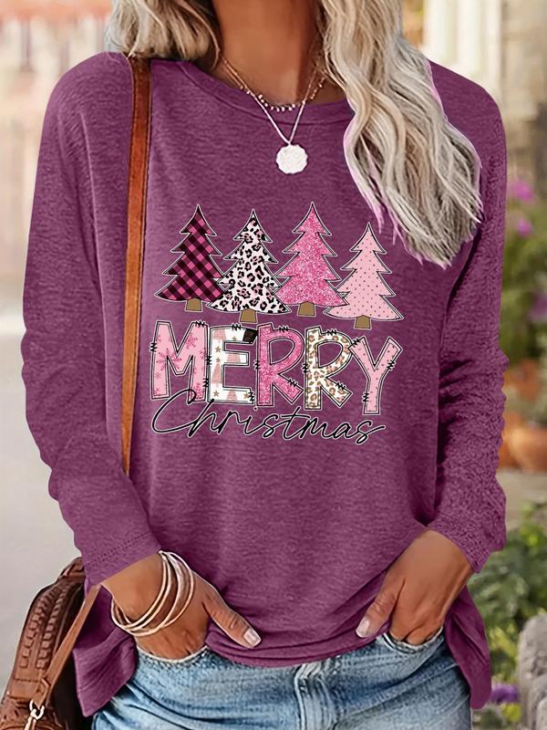 Women's Christmas Trees & Letter Print Drop Shoulder Tee, Casual Long Sleeve Round Neck Tops for Daily Wear, Womenswear Fall & Winter Clothes