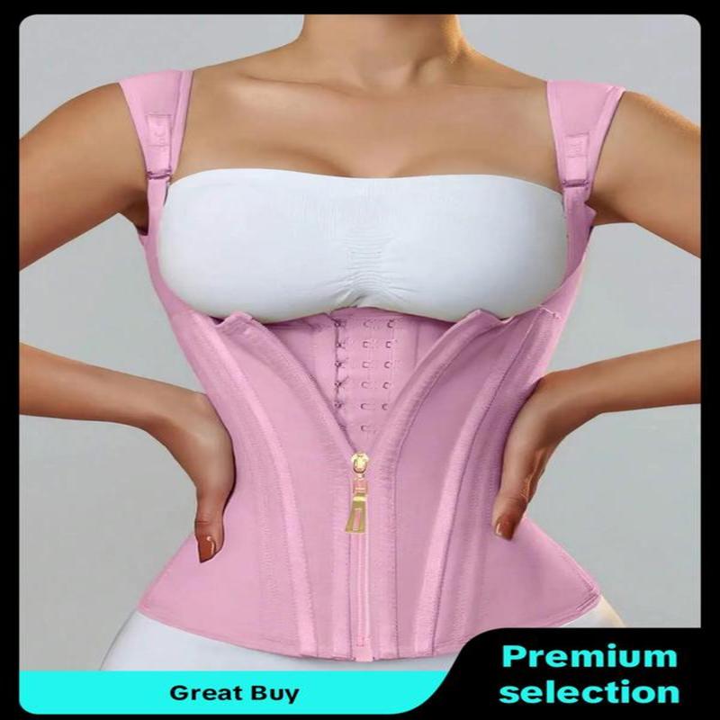 Women's Solid Color Adjustable Hook & Eye Closure Zipper Shapewear Top, Tummy Control Shaper Corset, Ladies Shapewear for All Seasons, Matt Waist Trainers faja post parto shapewear top