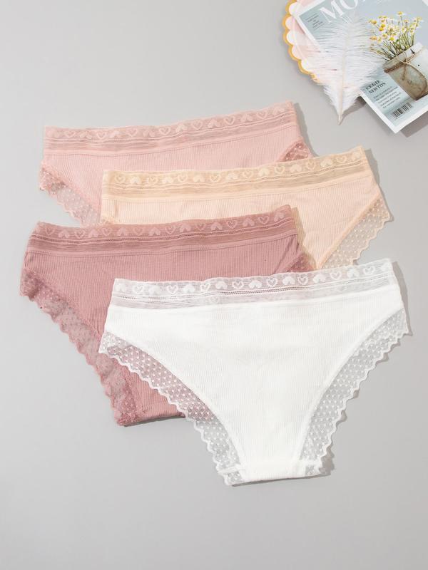 Women's Bow Decor Contrast Lace Knicker, Soft Comfy Breathable Scallop Panty for Daily Wear, Underwear for All Seasons