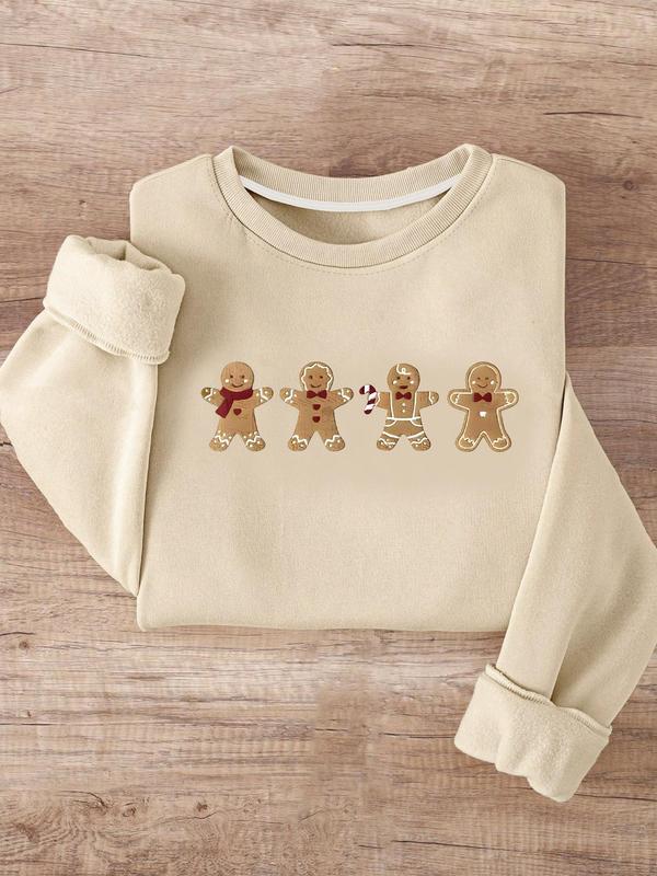 Women's Gingerbread Man Print Crew Neck Pullover, Casual Long Sleeve Round Neck Sweatshirt for Daily Wear, Ladies Fall & Winter Clothes