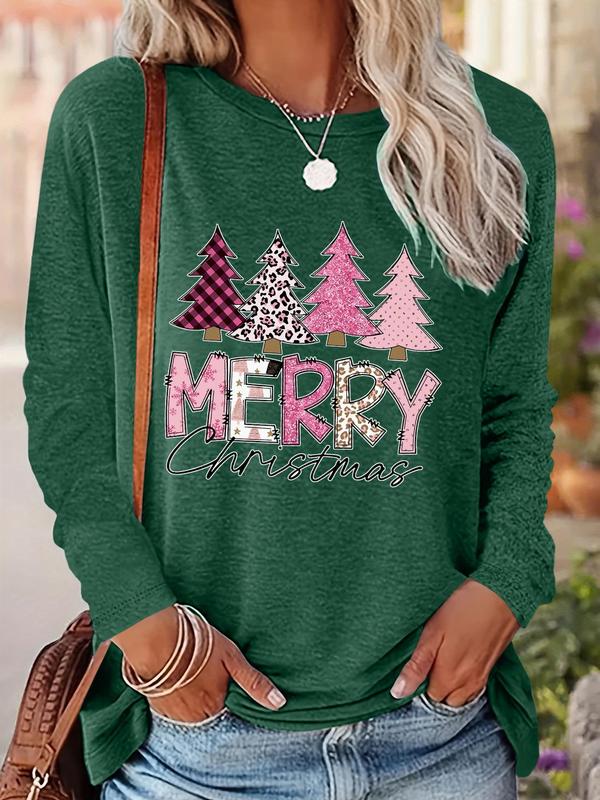 Women's Christmas Trees & Letter Print Drop Shoulder Tee, Casual Long Sleeve Round Neck Tops for Daily Wear, Womenswear Fall & Winter Clothes