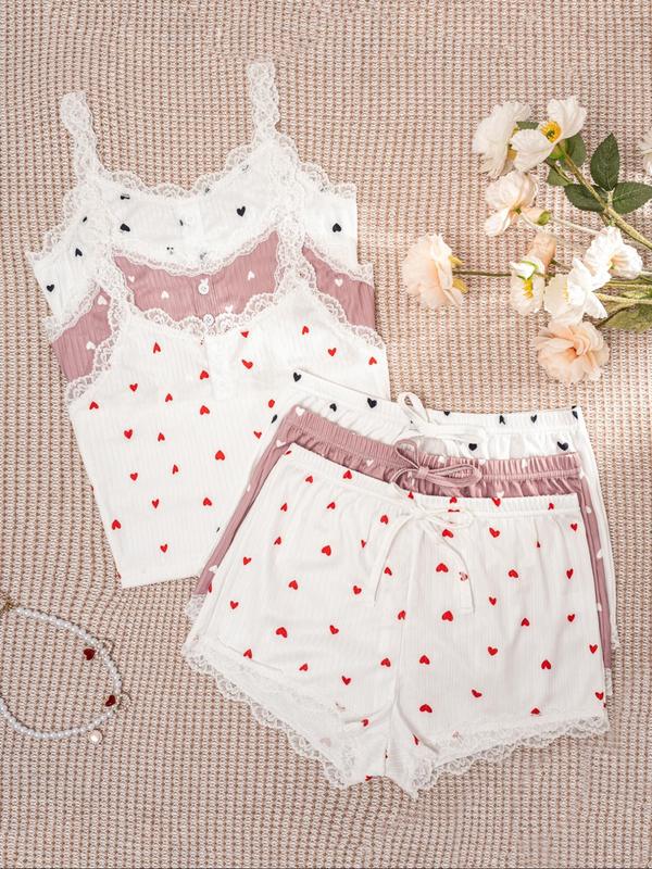 Women's Heart Print Contrast Lace Cami Top & Bow Decor Shorts Pyjama Set, Casual Comfy Spaghetti Strap Camisole & Shorts PJ Set, Ladies Sleepwear for All Seasons