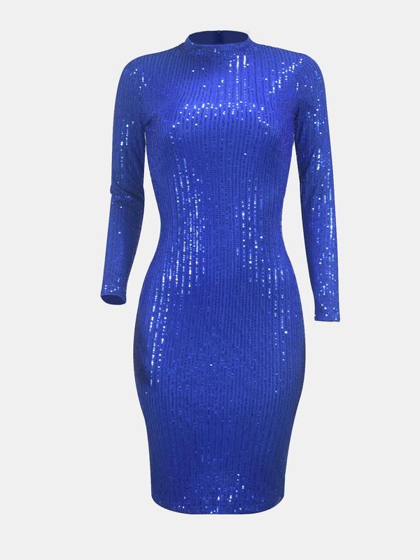 Women's Mock Neck Glitter Sequin Bodycon Dress, Elegant Zipper Back Knee Length Dress for Evening Party, Ladies Spring & Fall Clothes