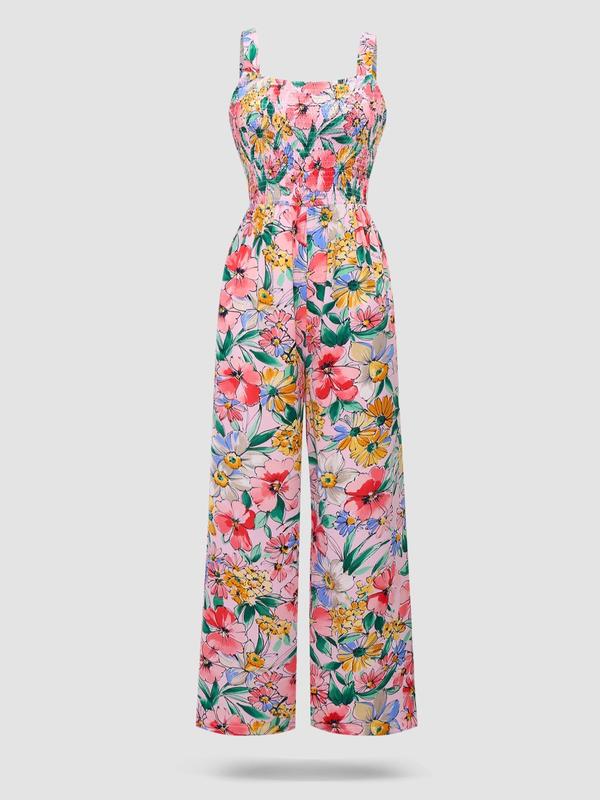 Women's Floral Print Shirred Wide Leg Jumpsuit, Boho Fashion Square Neck Sleeveless Jumpsuit for Daily Holiday Vacation Wear, Ladies Clothes for Summer